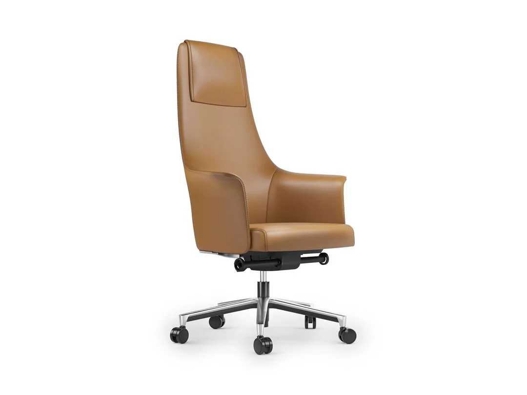 Angled side view of the Bolo Office Chair in tan leather with chrome base and casters