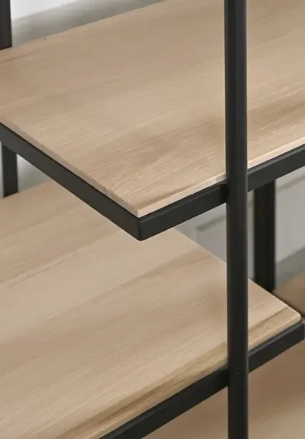Close-up of Trica Archive Shelving Unit light wood shelf with black metal frame