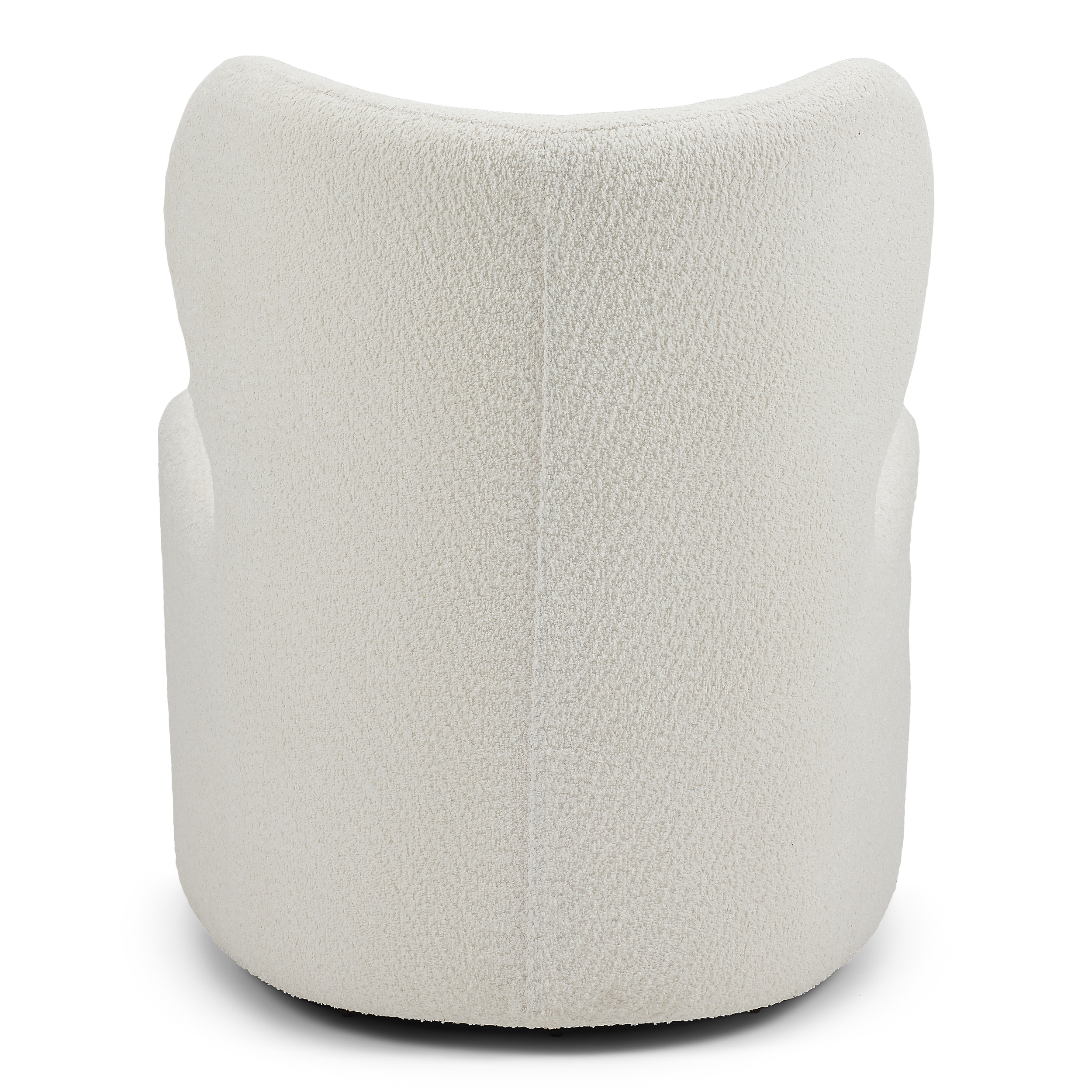 Back view of the Kobe Swivel Chair showing its sculptural curved silhouette and plush bouclé upholstery.