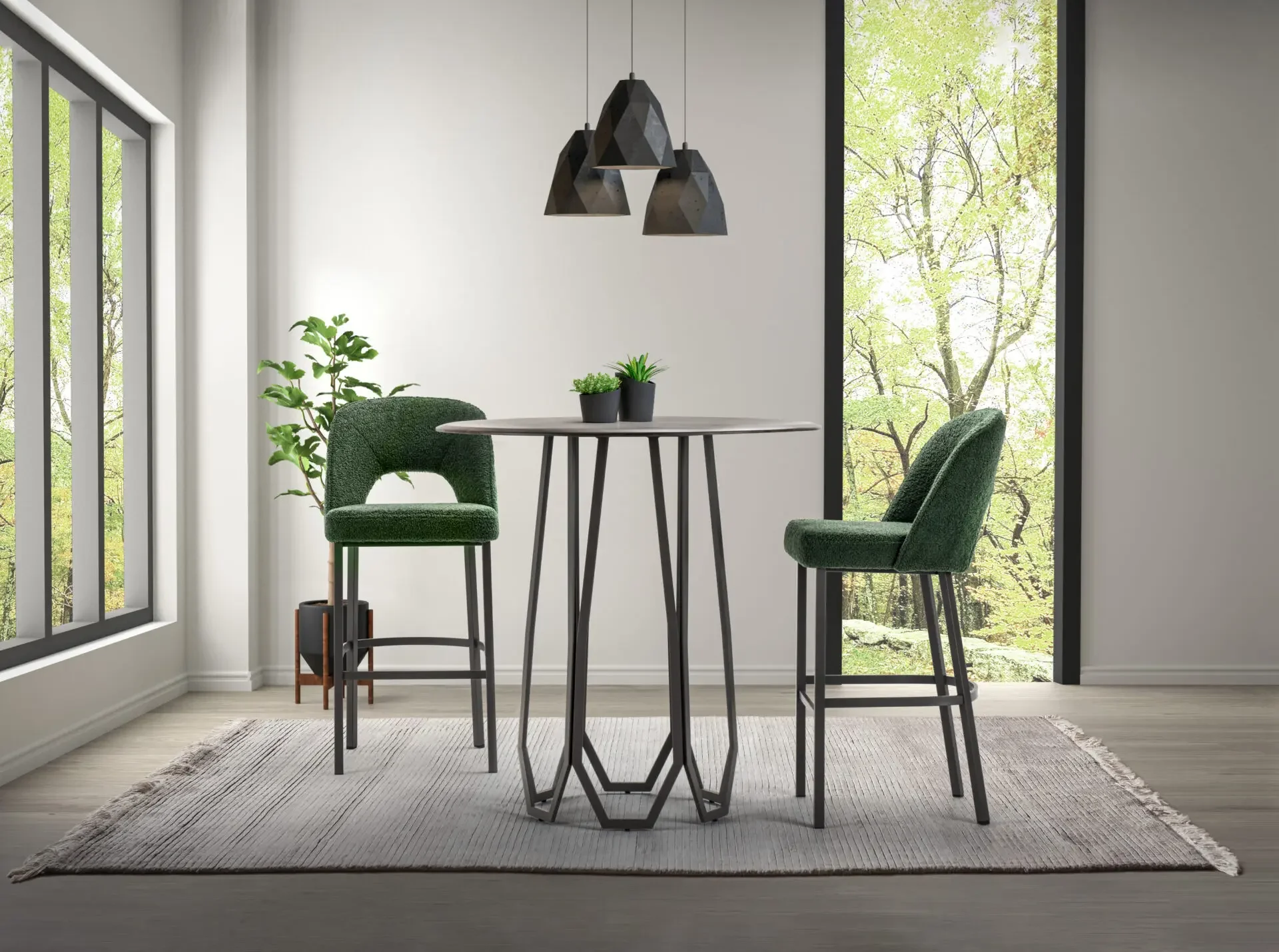 Opal Counter-Height Table styled in a modern dining room with green chairs and pendant lights