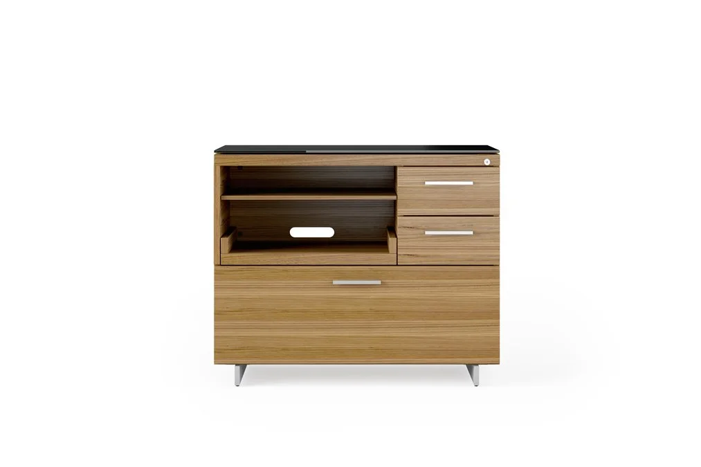 Side view of natural walnut cabinet with open drawers showing interior layout