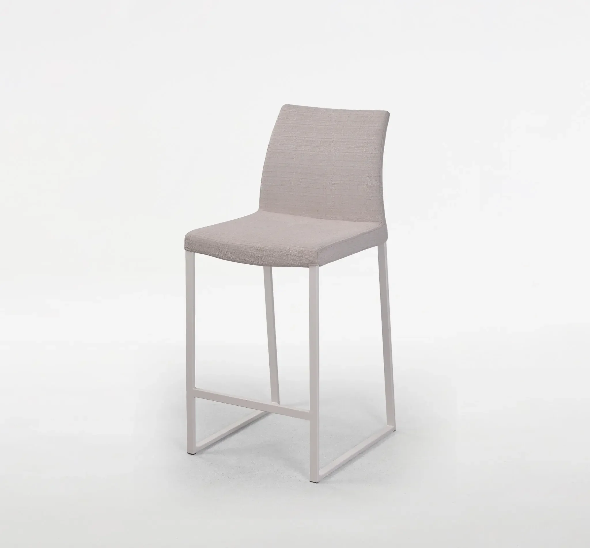 Trica Curvo Counter-height Stool with beige upholstered seat and backrest on white metal frame