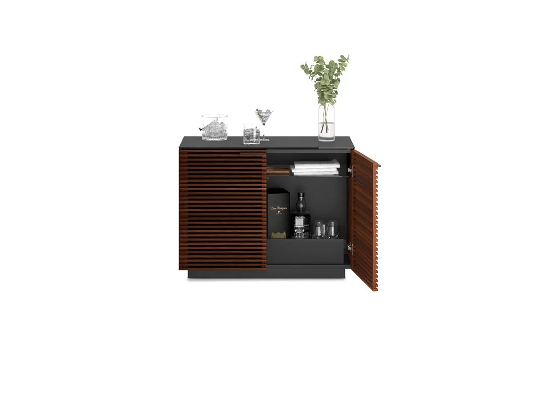 Side view of the Corridor Cabinet with one door open showing internal bar setup