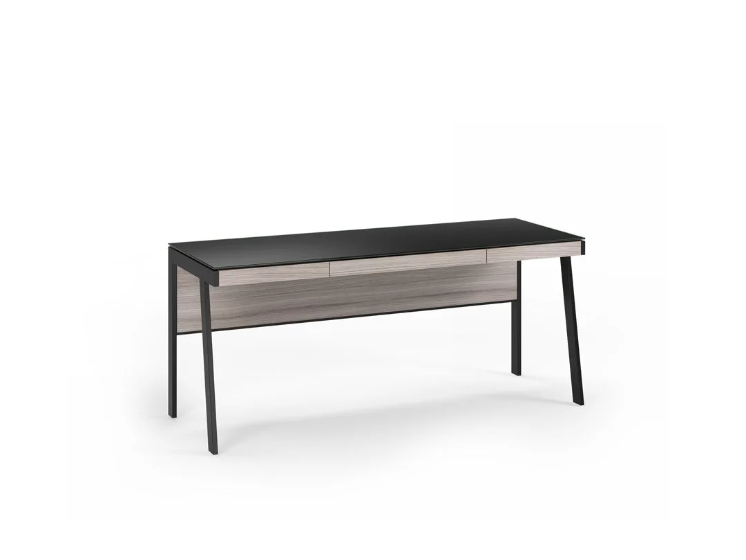 Sigma Desk by BDI in dark wood finish with black legs, minimalist front-left angled view