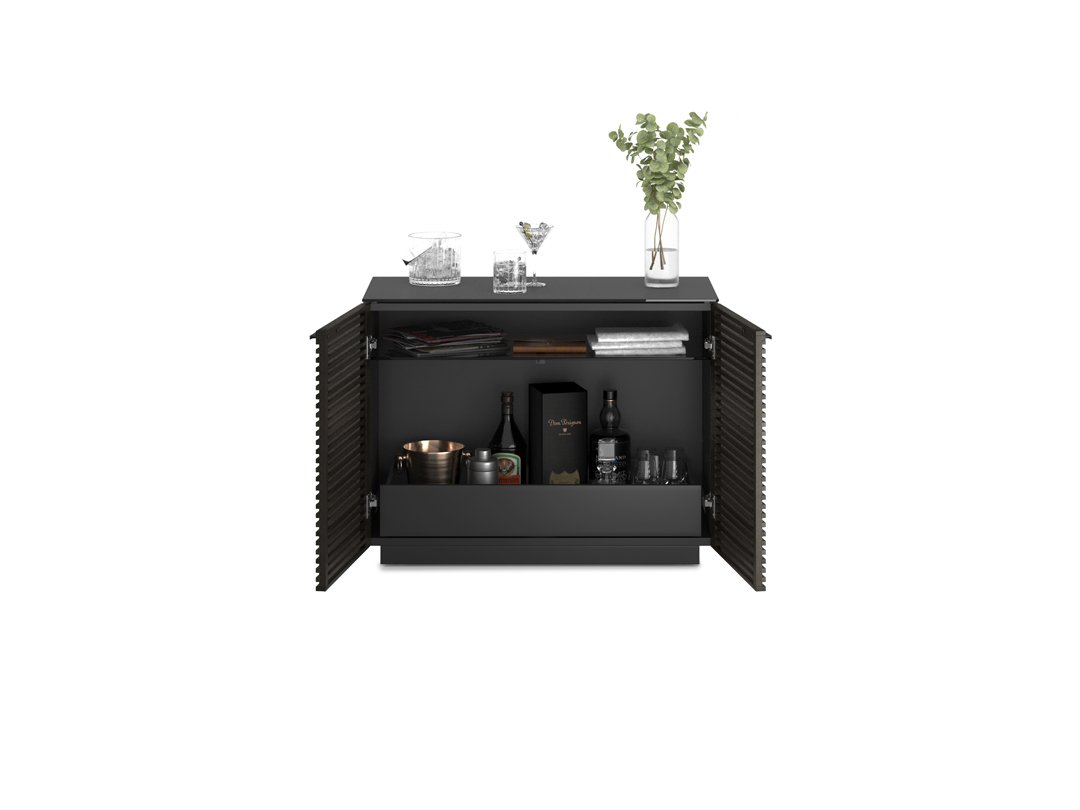 Front view with both doors open revealing adjustable shelving and accessories