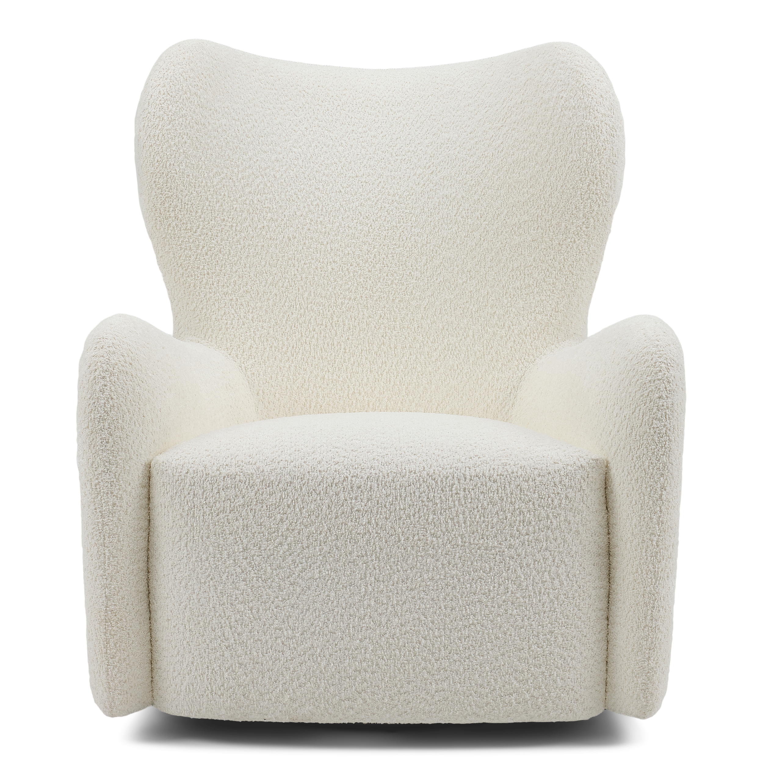Frontal view of the Kobe Swivel Chair displaying the curved wing-style backrest and cozy bouclé texture.