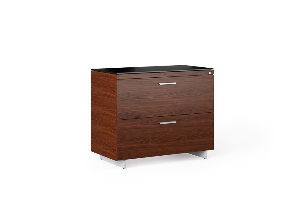 Angled cherry Sequel file cabinet showing rich wood tone and metal base