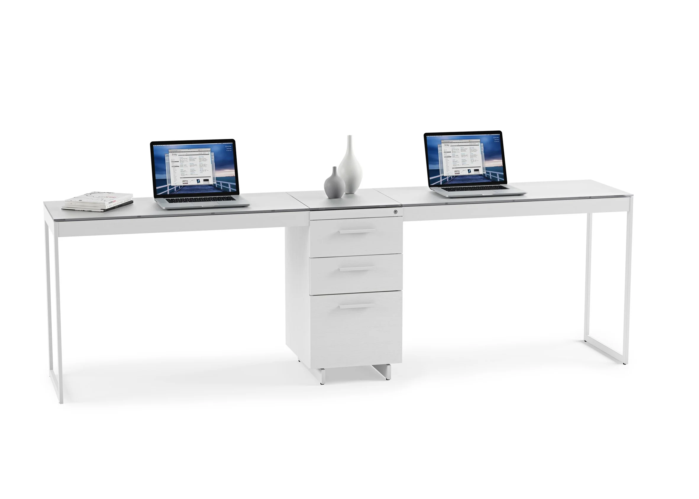 Centro 3-Drawer File Cabinet placed under modern white desk with dual laptops and minimal office decor