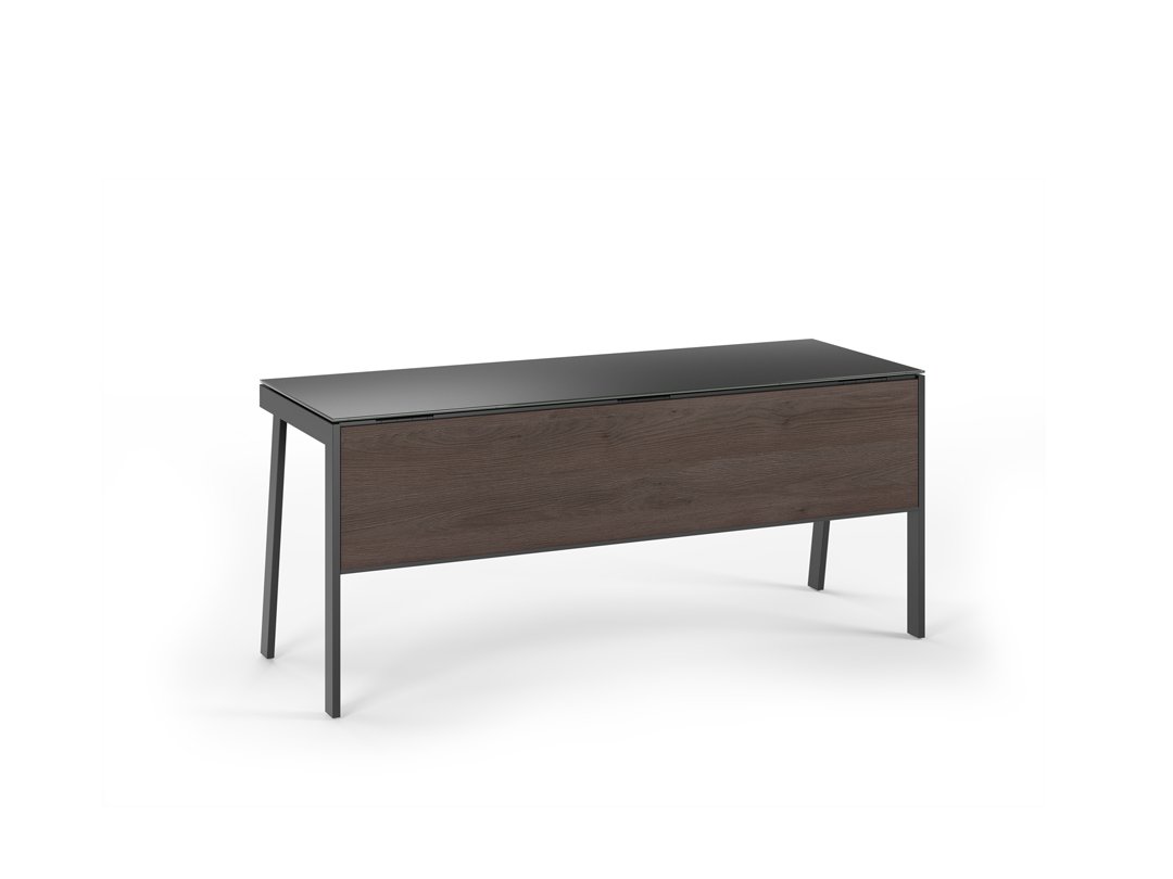 Side view of Sigma Desk by BDI in rich wood finish, showing streamlined modern design