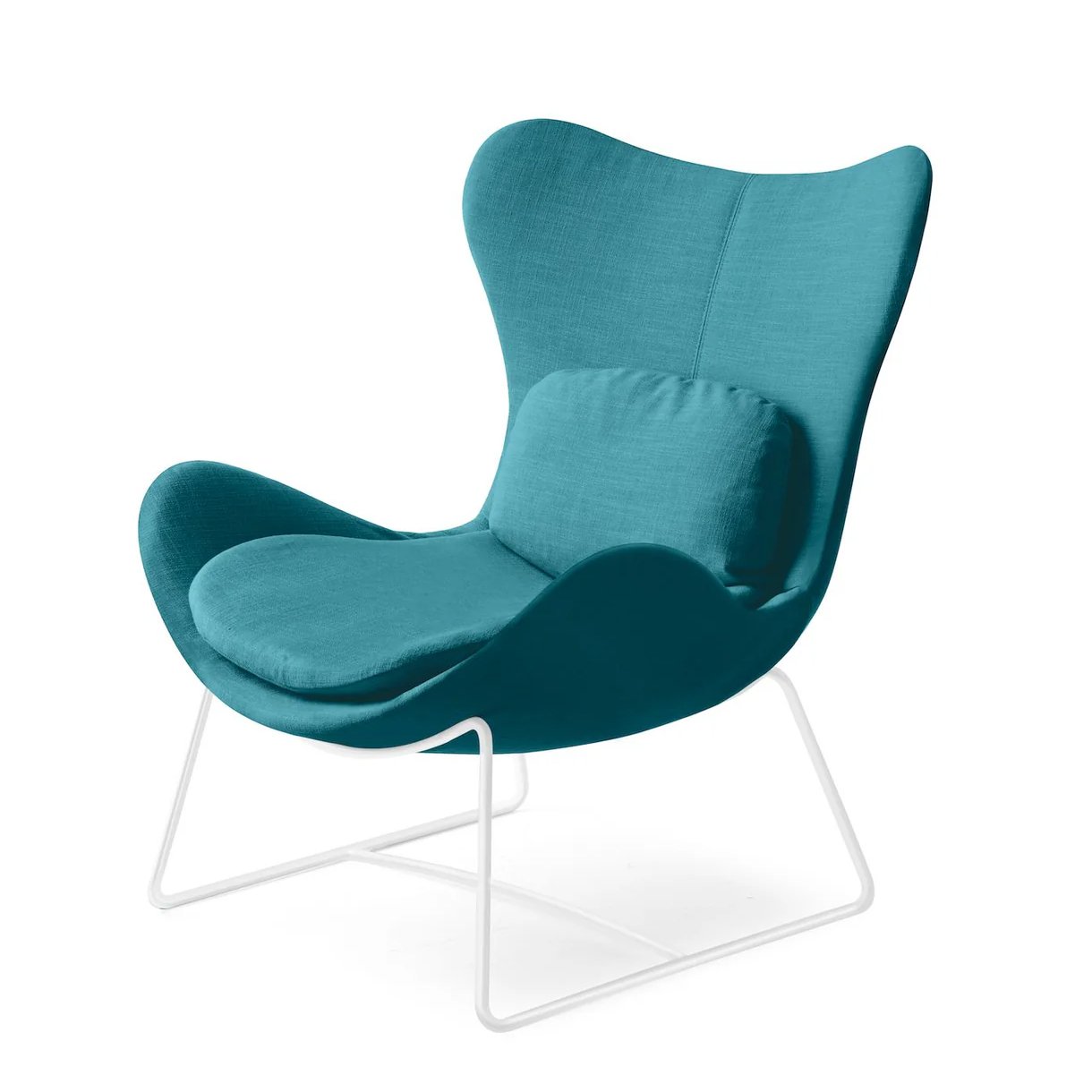 Front angled view of Lazy Chair with teal upholstery and white metal base