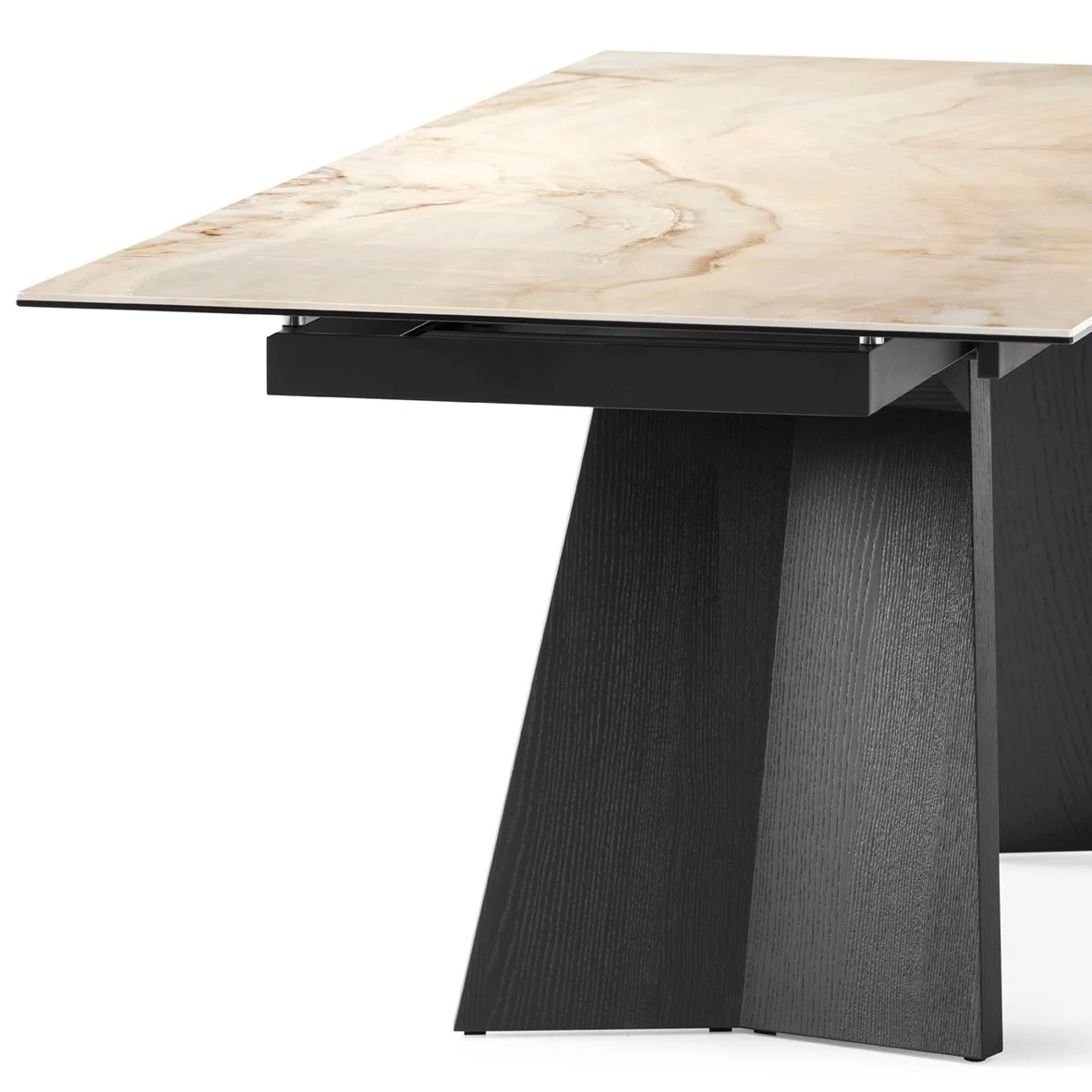 Close-up of Icaro Table with light wood top and black sculptural base