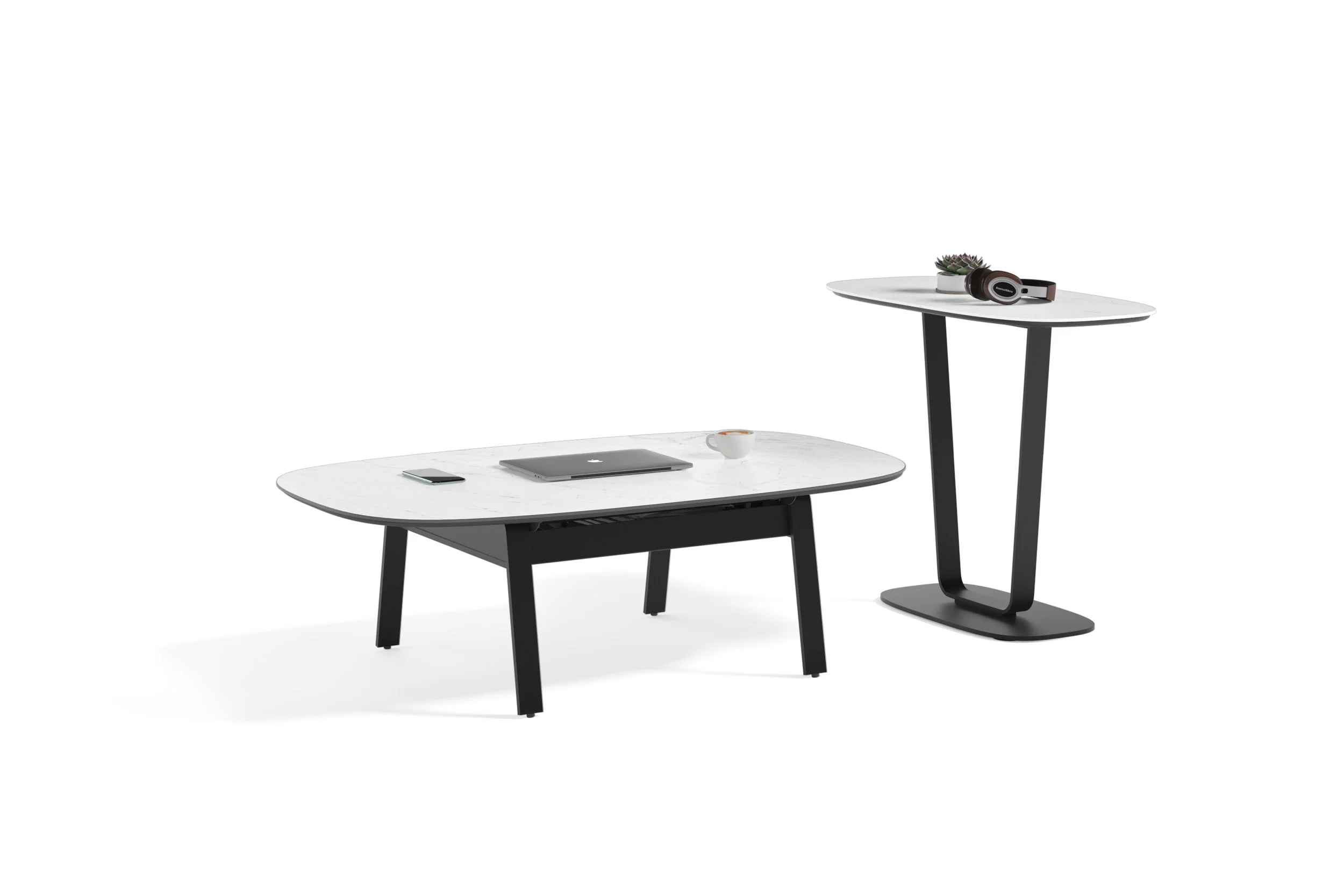 Cloud 9 Lift Coffee Table with raised porcelain top and concealed storage, paired with matching Cloud 9 Console Table