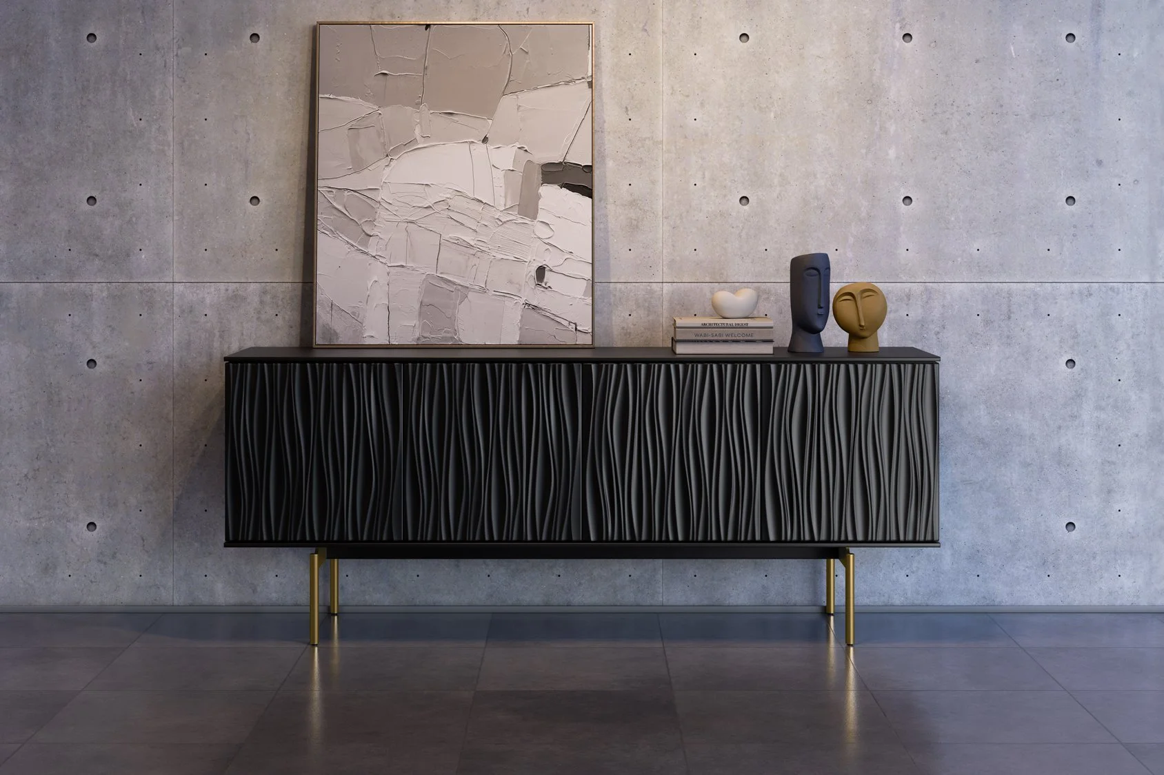 Tanami Credenza styled in a modern room with concrete wall, art piece, and decorative accents