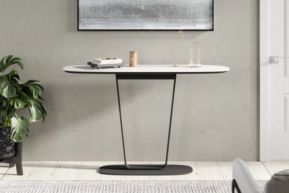 Cloud 9 Console Table styled in a contemporary entryway with decor accents
