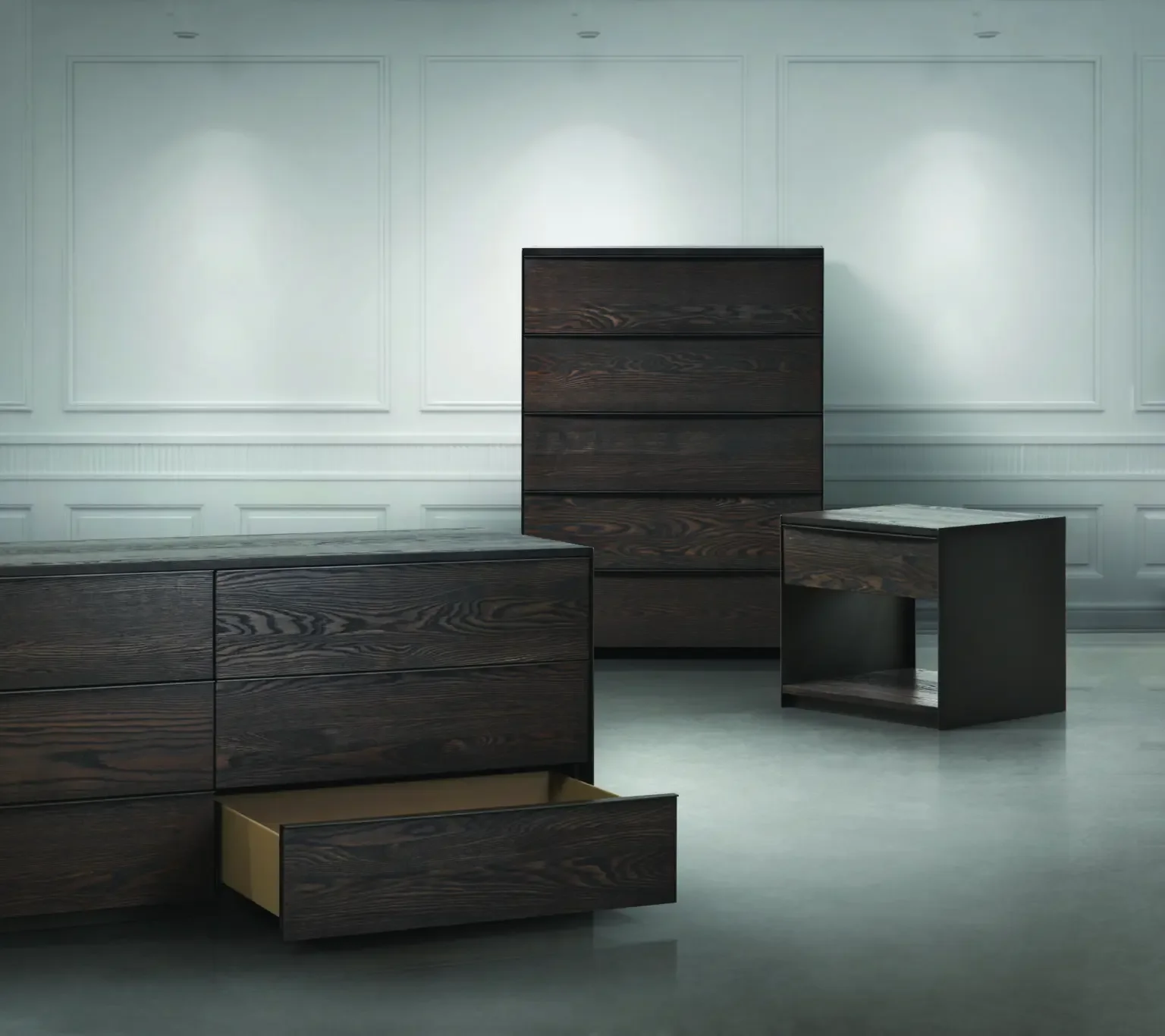 Roots bedroom furniture collection with dresser, chest, and nightstand in dark wood finish