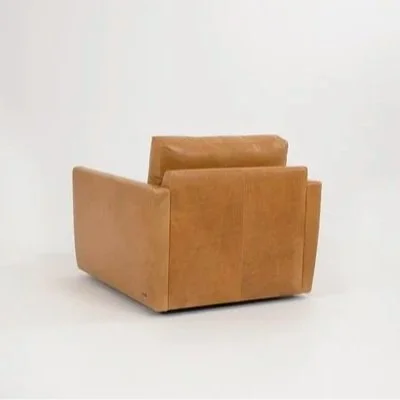 Carmet Chair in tan leather and neutral fabric finishes, showing front, side, and angled views with a sleek swivel base.