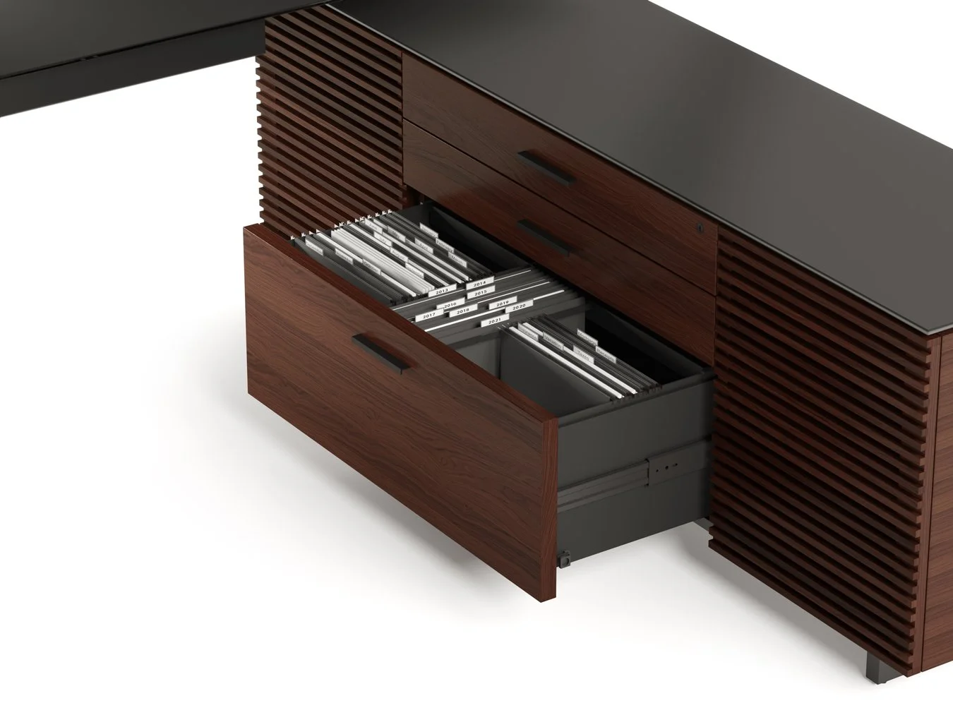 Close-up of open drawer in Corridor L-Desk showing hanging file storage system