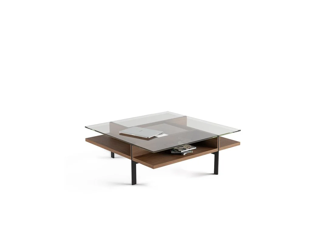 Square modern coffee table with wood shelf and tempered glass surface