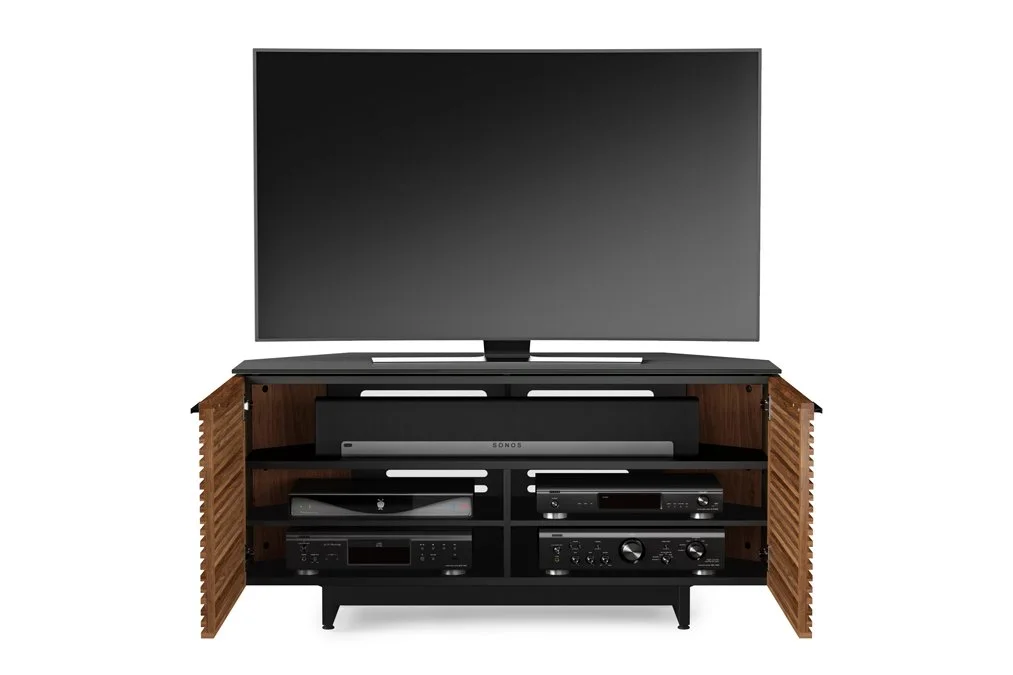 Corridor Corner Media Cabinet with TV and media components displayed