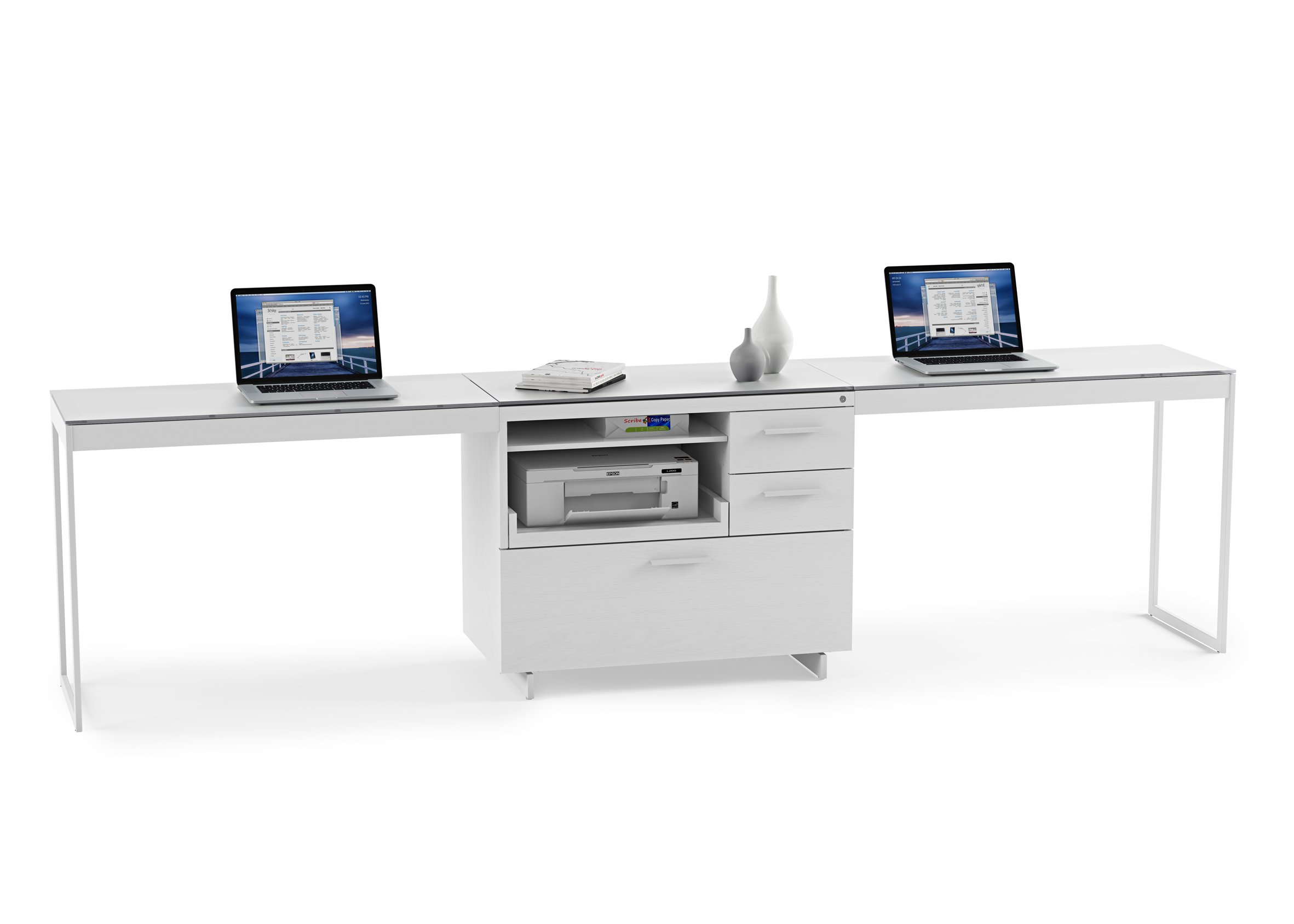 Centro Multifunction Cabinet placed under white work desk with dual laptops and minimalist decor