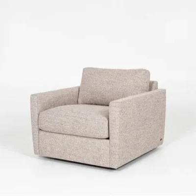 Carmet Chair in tan leather and neutral fabric finishes, showing front, side, and angled views with a sleek swivel base.