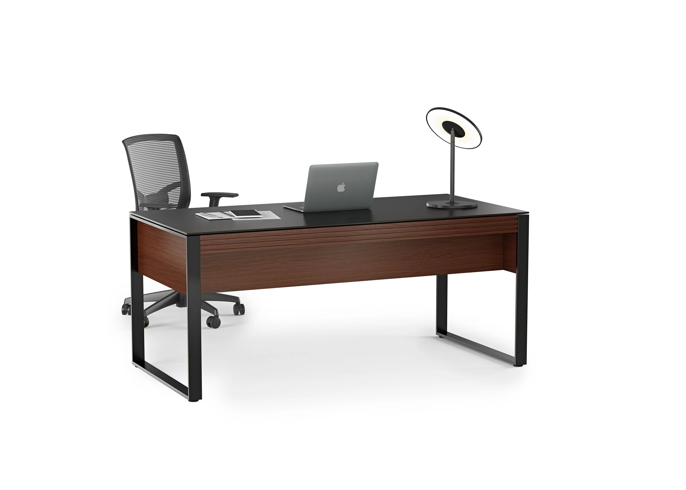 Corridor Executive Desk in chocolate walnut with laptop and ergonomic office chair