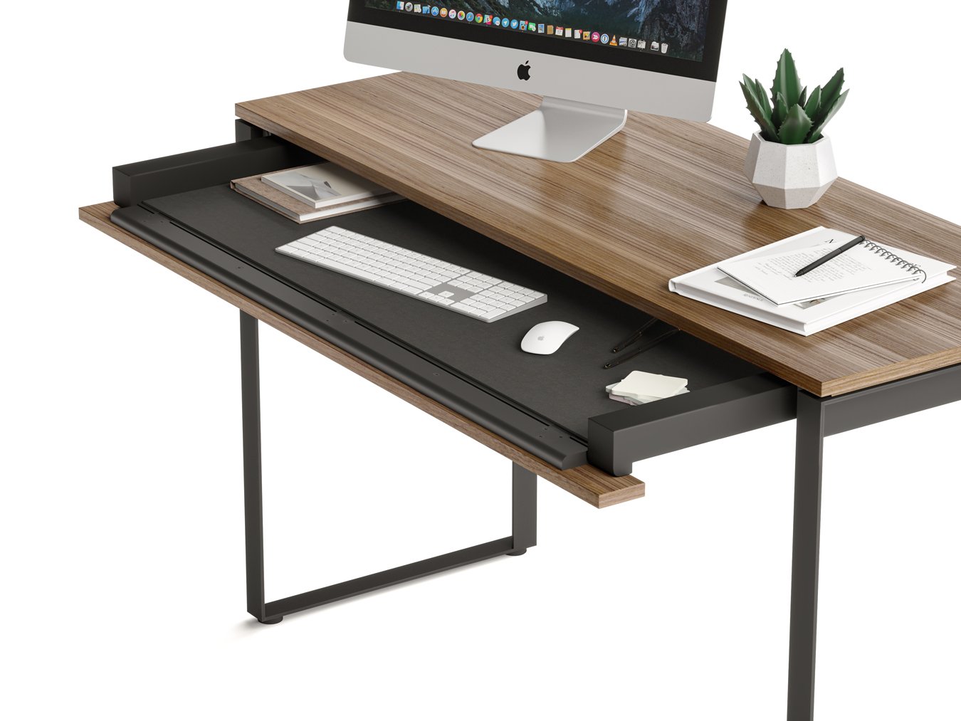 Linea Console Desk in walnut with extended keyboard drawer showing organized workspace