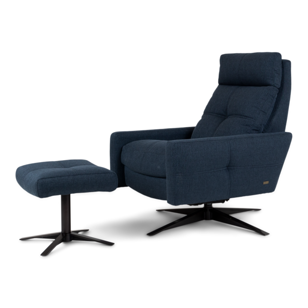 Front-angle view of the Ranier Comfort Air Recliner in blue fabric with footrest extended.
