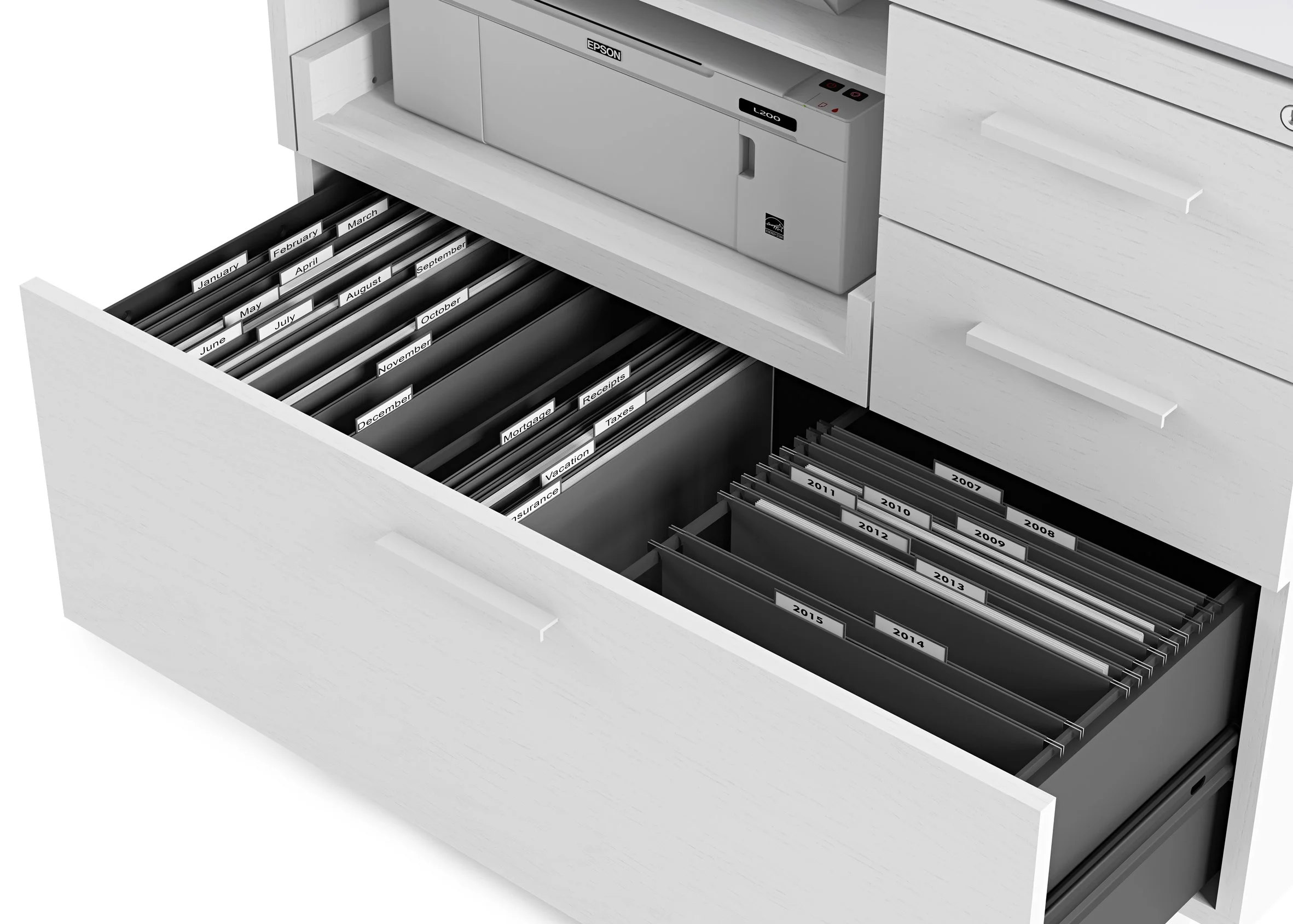 Close-up of open drawer in Centro cabinet showing hanging file folders neatly organized