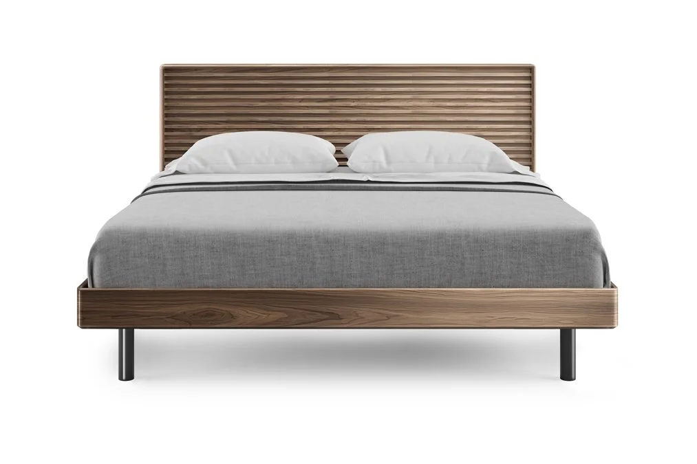 Front view of Cross-LINQ walnut slatted bed showing clean lines and contemporary frame