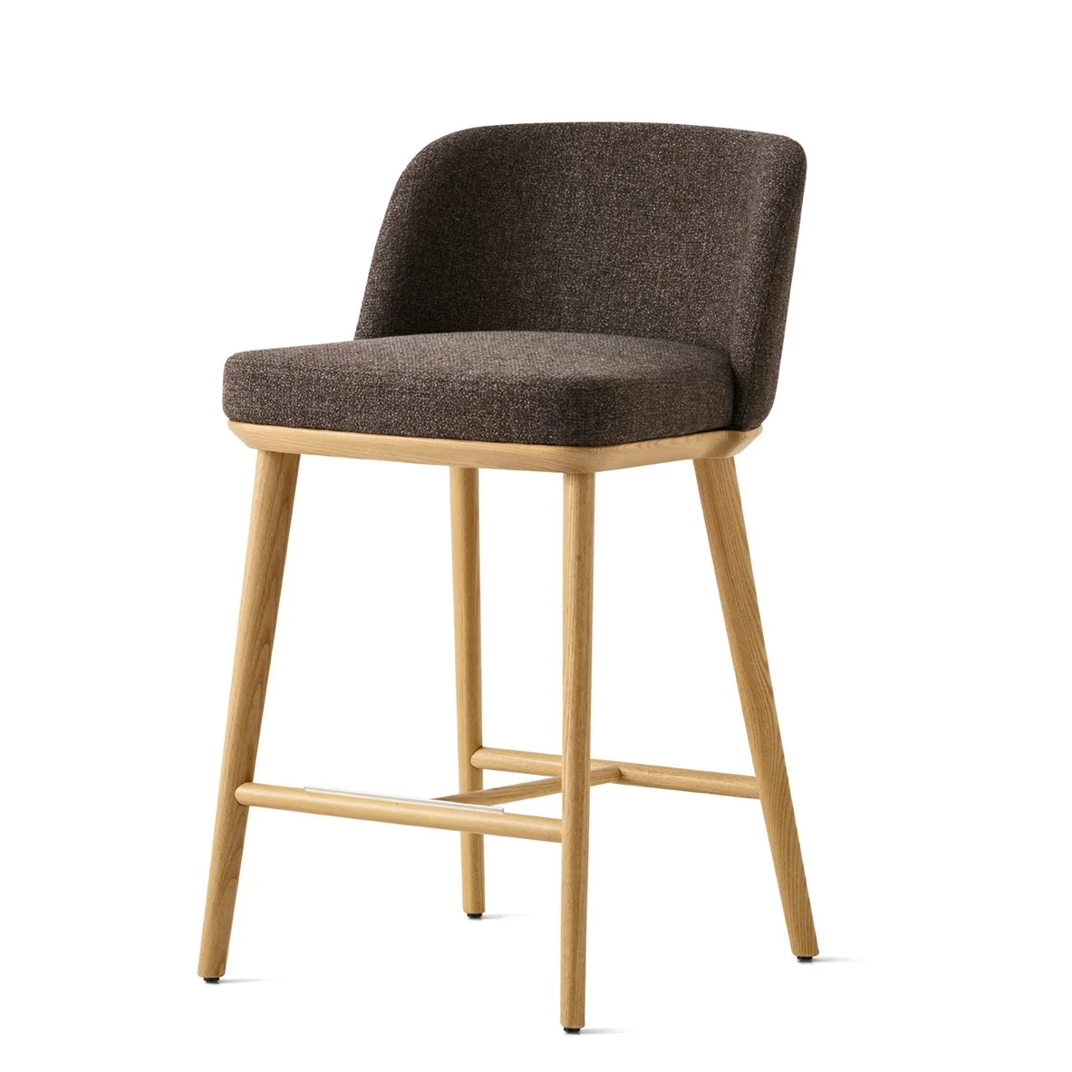 Front view of Calligaris Foyer Stool in dark brown upholstery with light oak legs