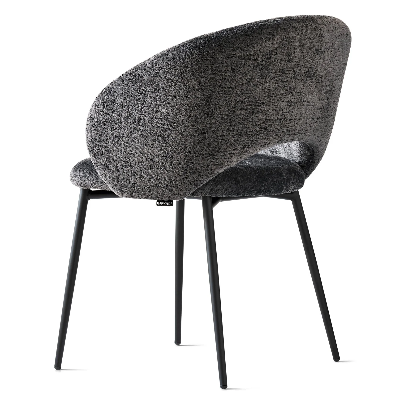 Rear angle view of Anime Dining Chair with charcoal fabric and black metal legs