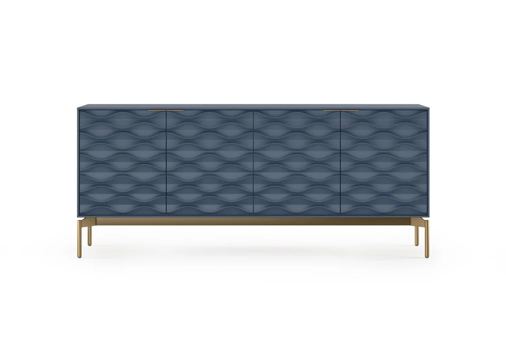 Front view of Ripple Credenza in blue with sculpted wave-like doors and gold legs
