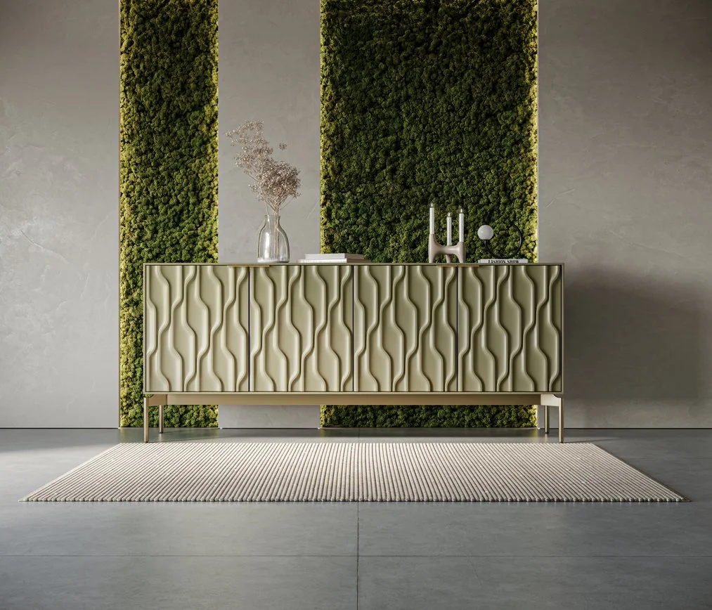 Mesa Credenza styled in a modern space with vertical garden and decorative objects