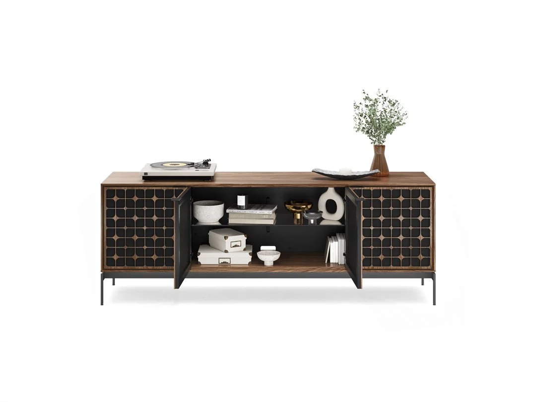 Front-facing image of Constellation Cabinet with two doors open showing dishware