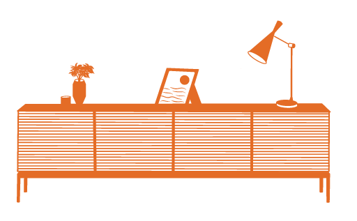 Illustration of a sideboard with flower pot, framed photo, and desk lamp on top.