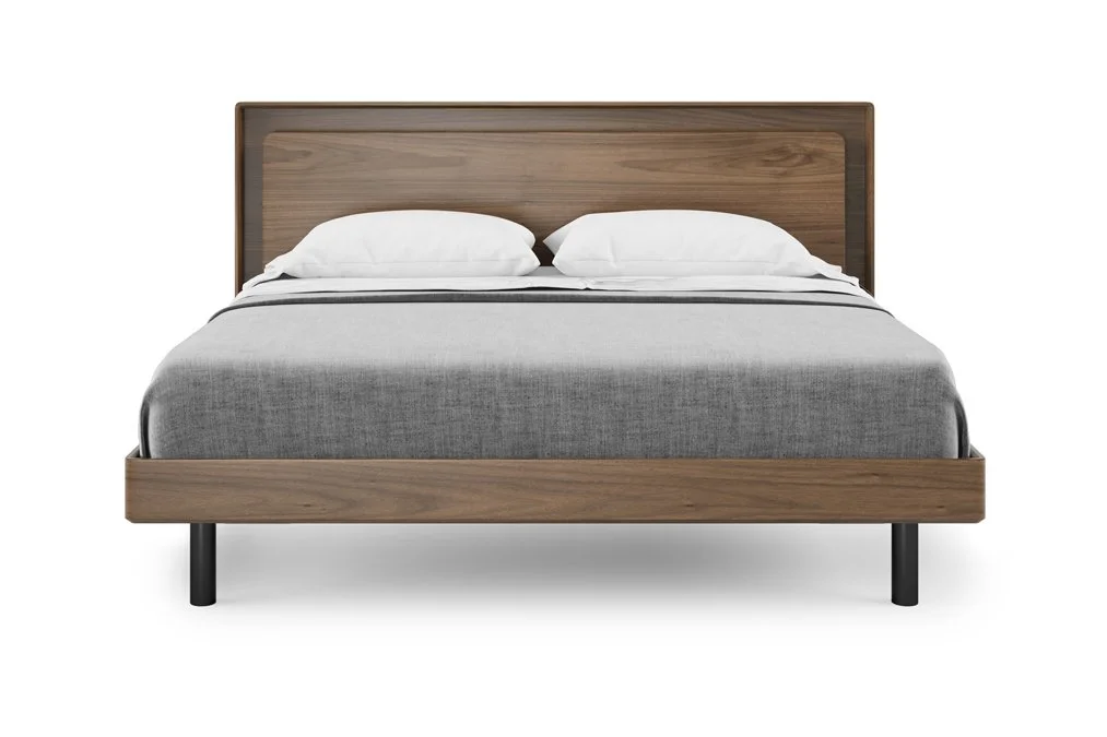 Contemporary walnut Up-LINQ bed front view with clean slatted headboard and neutral bedding