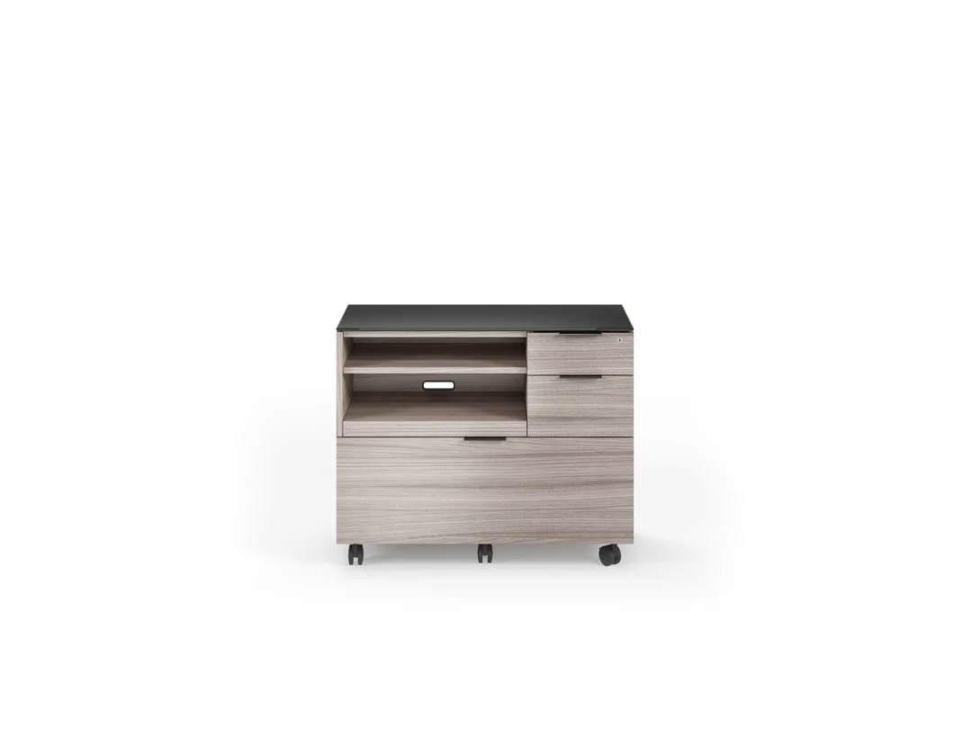 Modern Sigma multifunction cabinet in light finish with black top – front view