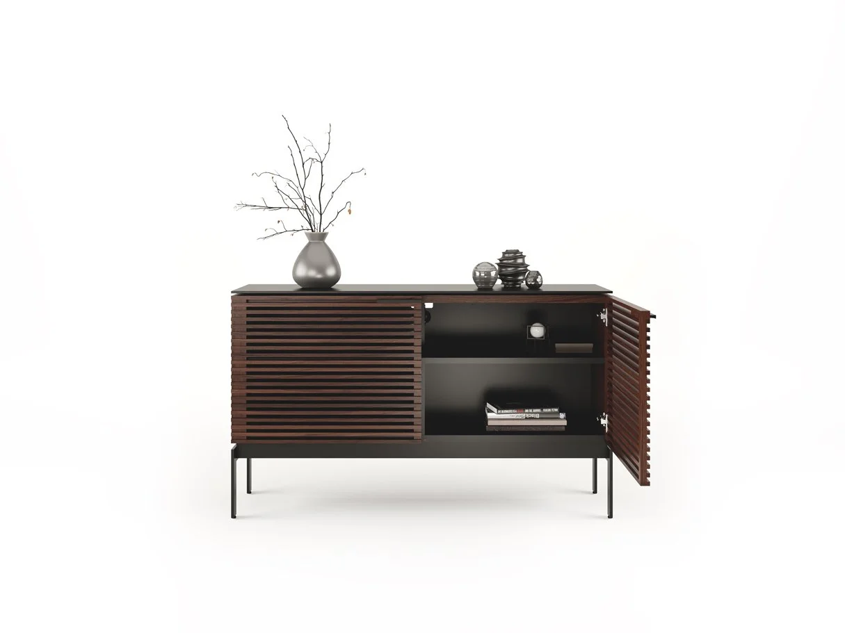 Corridor Storage Console with doors open, revealing interior shelves and decor