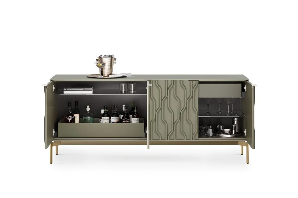 Mesa Credenza with open doors showing barware, glassware, and interior storage shelves