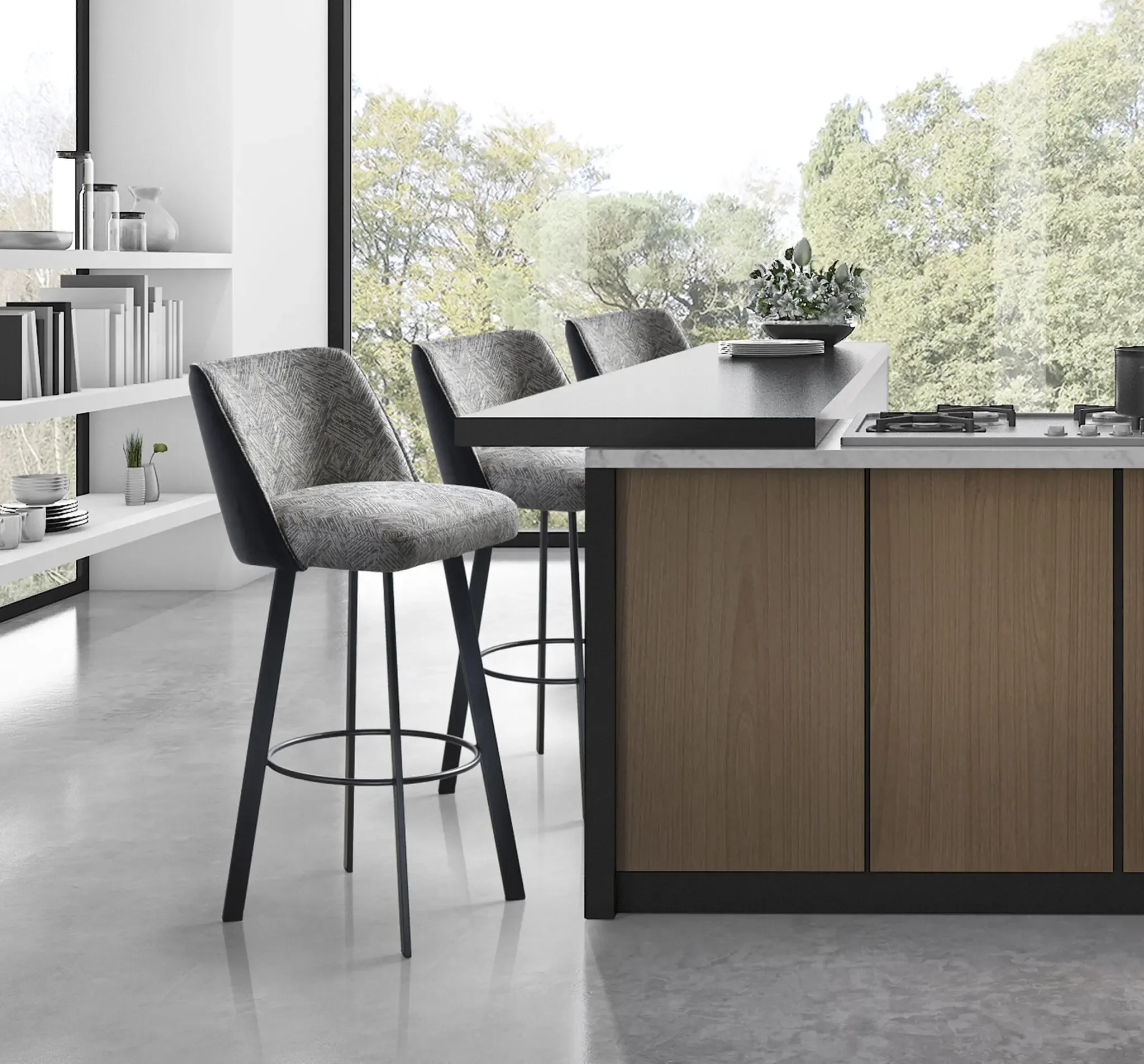 Pair of Eva Stools at a modern kitchen island with black metal frames and grey seats