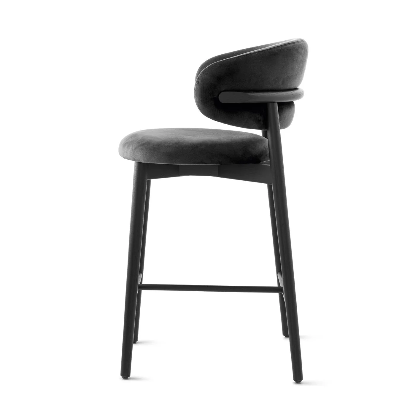 Side profile of Calligaris Oleandro Stool in dark grey upholstery with black wood legs