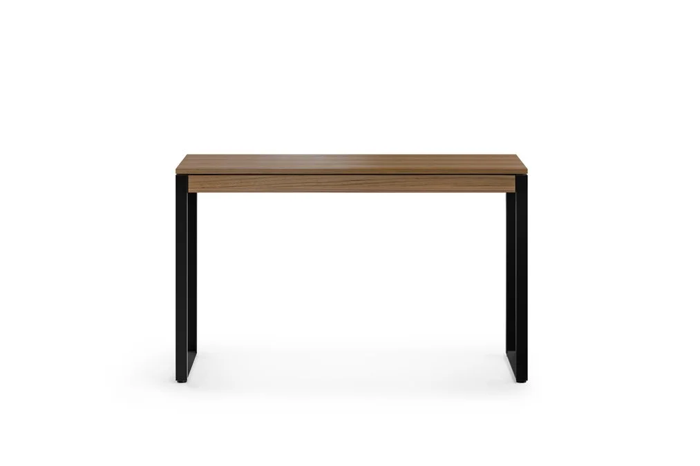 Front view of Linea Console Desk in walnut with slim profile and minimalist style