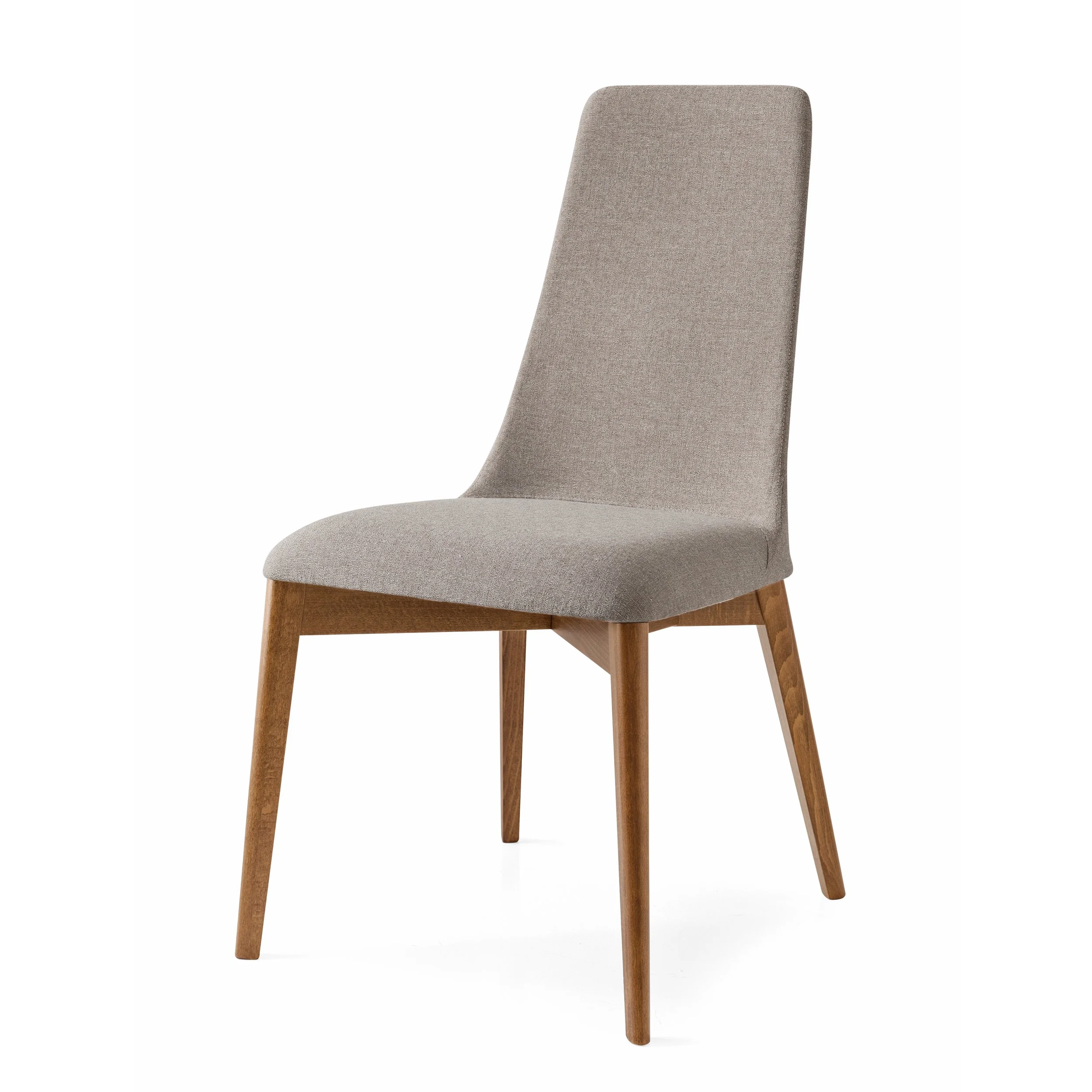 Calligaris Etoile Chair with taupe fabric upholstery and wooden legs, angled view