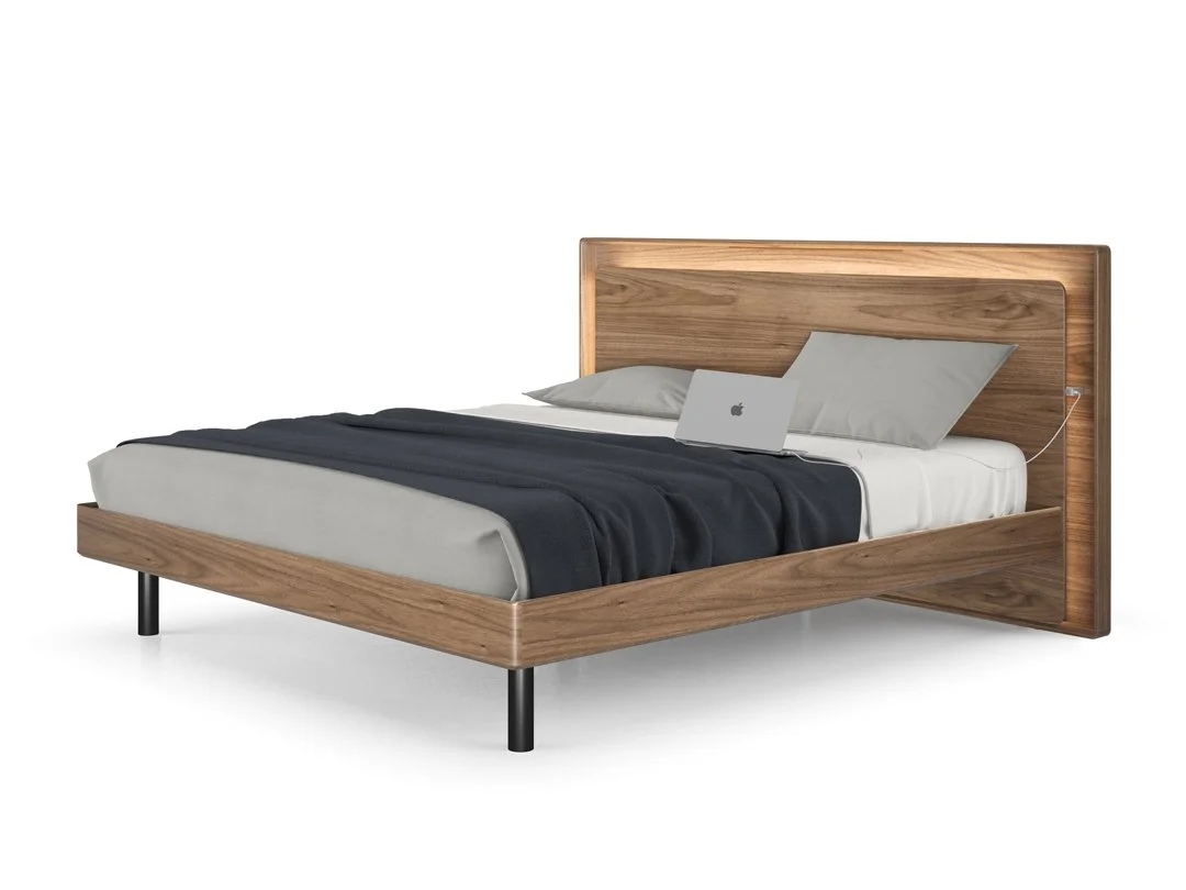 Up-LINQ smart walnut bed side view showing sleek modern frame and integrated tech features