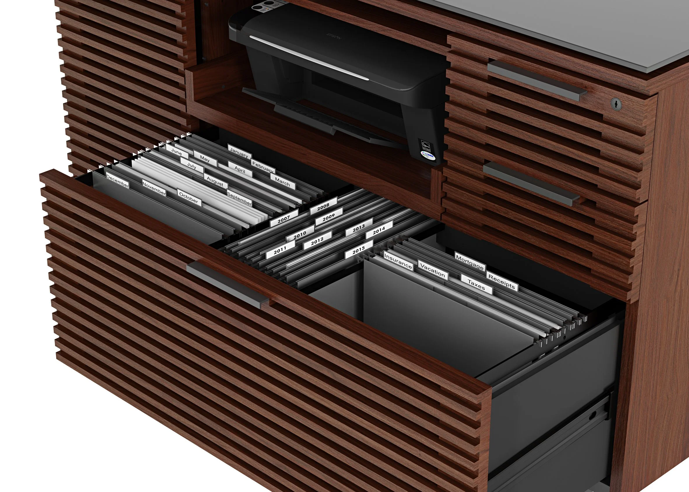 Close-up of Corridor cabinet with file drawer and printer shelf open
