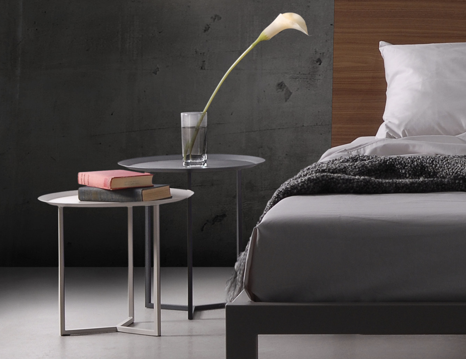 Pair of Tam-Tam Cocktail Tables styled as bedside tables