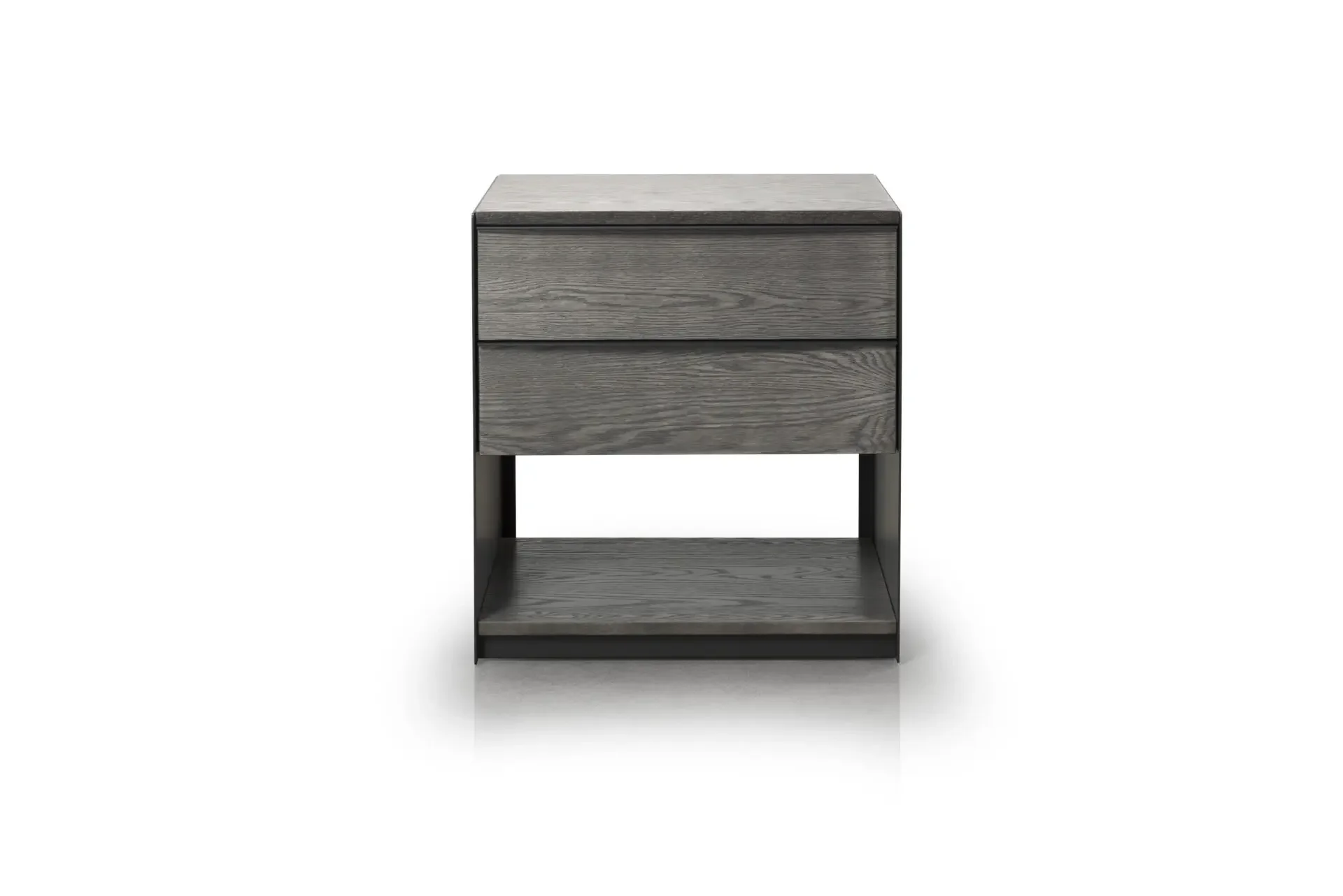 Three-quarter front view of Trica Roots Nightstand with two drawers and open shelf