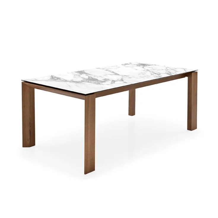 Omnia Table with marble top and wooden legs in modern dining setup