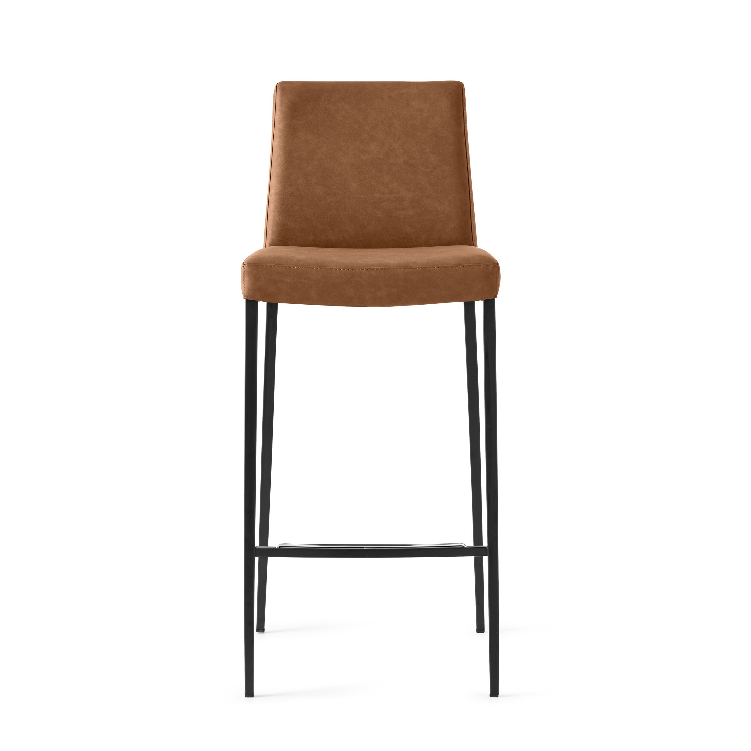 Front view of Calligaris Aida Stool in brown leather with slim black metal legs